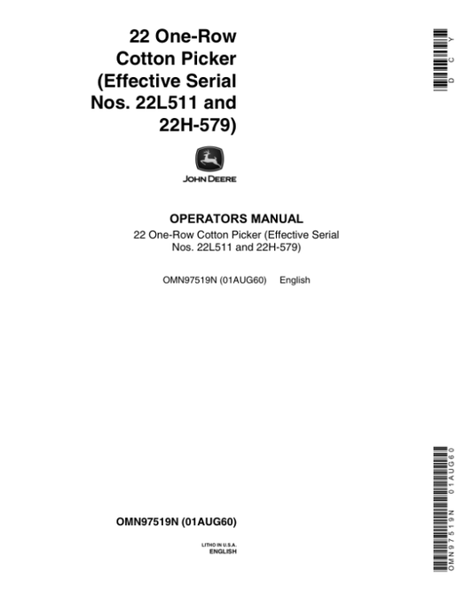 John Deere 22 One-Row Cotton Picker Operator’s Manual (OMN97519N) Workshop Guide