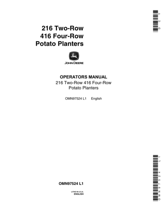 John Deere 216 Two-Row, 416 Four-Row Potato Planters Operator’s Manual (OMN97524) Workshop Guide