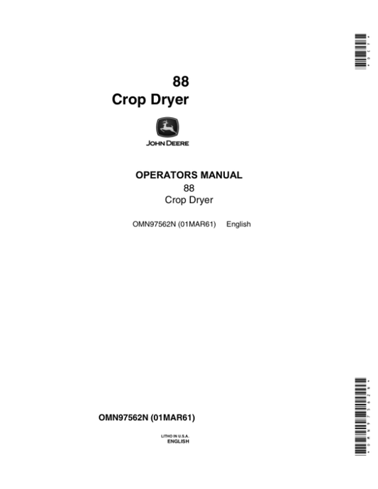 John Deere 88 Crop Dryer Operator’s Manual (OMN97562N) Workshop Guide