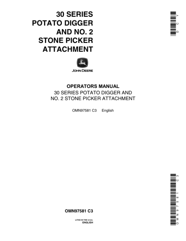 John Deere 30 Series Potato Digger, No. 2 Stone Picker Attachment Operator’s Manual (OMN97581) Workshop Guide