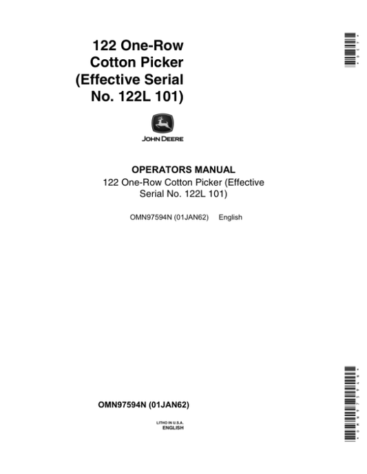 John Deere 122 One-Row Cotton Picker (000101-) Operator’s Manual (OMN97594N) Workshop Guide