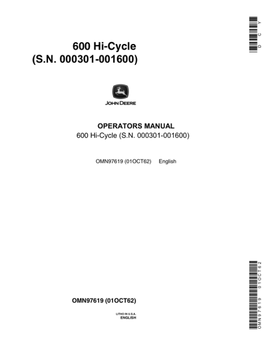 John Deere 600 Hi-Cycle Tractor Operator’s Manual (OMN97619) Workshop Guide