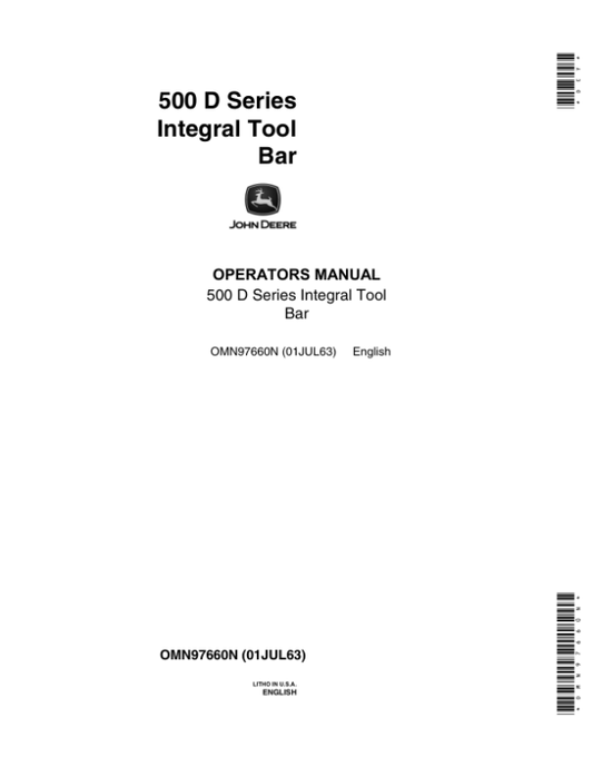 John Deere 500 D Series Integral Toolbar Operator’s Manual (OMN97660N) Workshop Guide