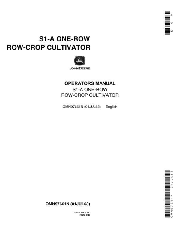John Deere S1-A Row Crop Cultivator Operator’s Manual (OMN97661N) Workshop Guide