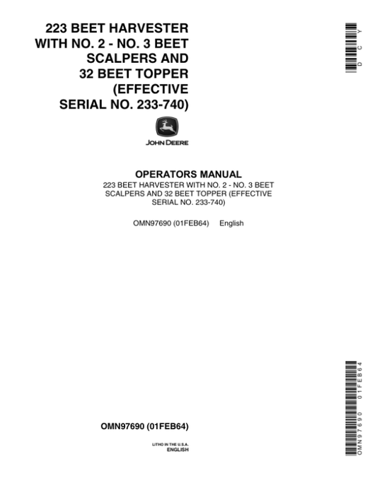 John Deere 223 Beet Harvester Operator’s Manual (OMN97690) Workshop Guide