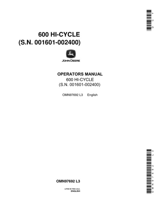 John Deere 600 Hi-Cycle Tractor Operator’s Manual (OMN97692) Workshop Guide