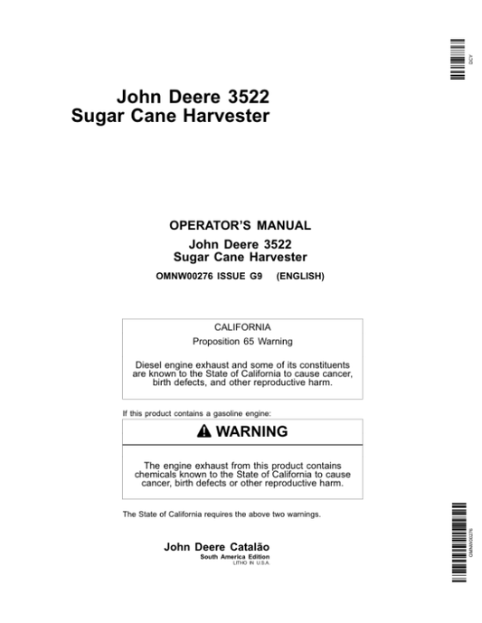 John Deere 3522 Sugar Cane Harvester Operator’s Manual (OMNW00276) Workshop Guide