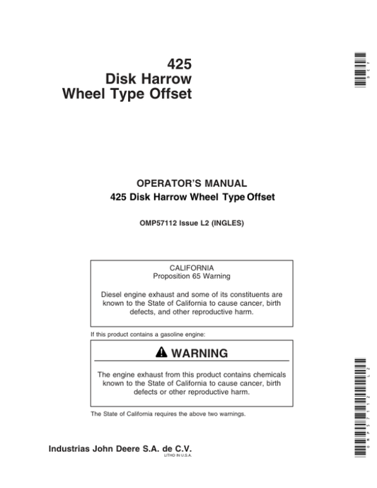 John Deere 425 Disk Harrow Wheel Type Offset North America (001001-) Operator’s Manual (OMP57112) Workshop Guide