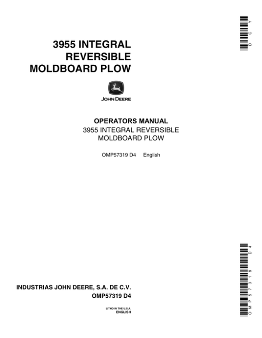 John Deere 3955 Reversible Two-Way Integral Moldboard Plow Operator’s Manual (OMP57319) Workshop Guide