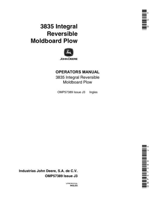 John Deere 3835 Moldboard Plow Operator’s Manual (OMP57389) Workshop Guide