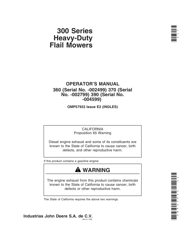 John Deere 360 (-002499), 370 (-002799), 390 (-004599) 300 Series Heavy-Duty Flail Mowers Operator’s Manual (OMP57933) Workshop Guide