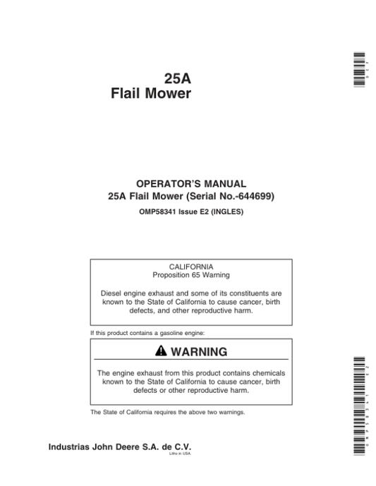 John Deere 25A Flail Mower (-644699) Operator’s Manual (OMP58341) Workshop Guide