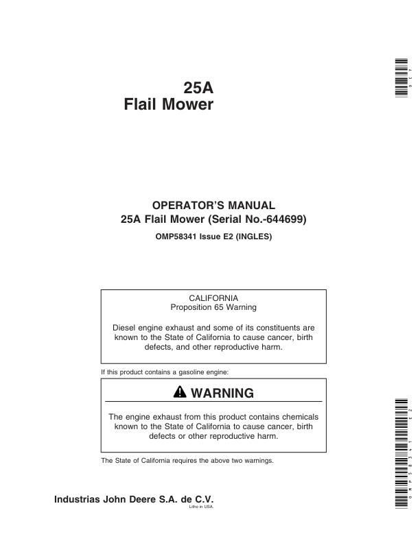 John Deere 25A Flail Mower (-644699) Operator’s Manual (OMP58341) Workshop Guide