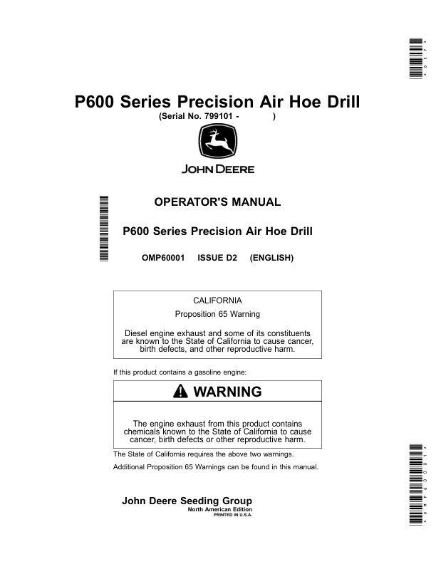 John Deere P600 Series Precision Air Hoe Drill (799101-) (North American) Operator’s Manual (OMP60001) Workshop Guide