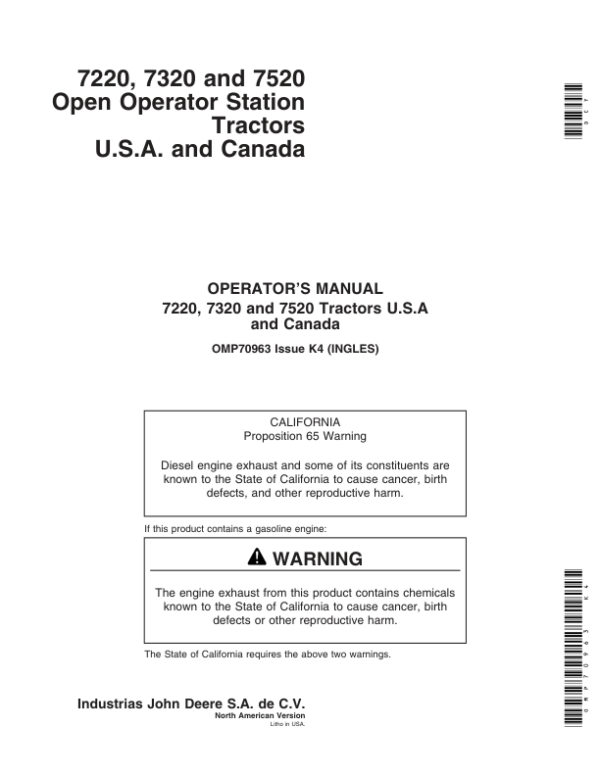 John Deere 7220, 7320, 7520 Open Operator Station Tractors Operator’s Manual (OMP70963) Workshop Guide