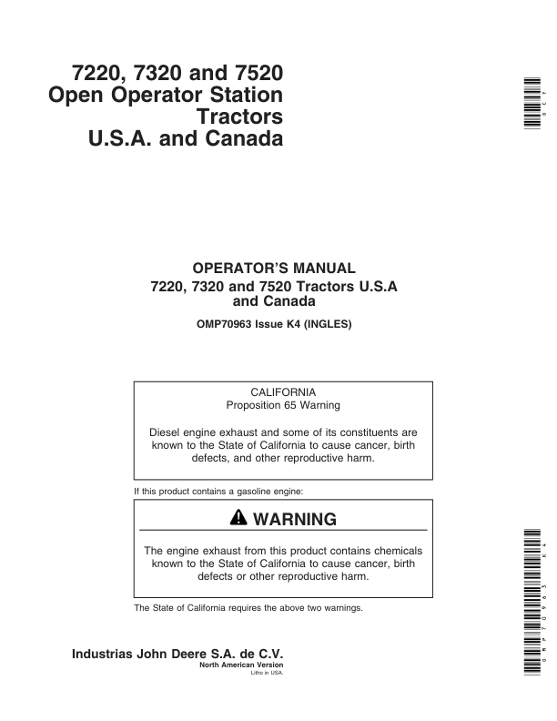 John Deere 7220, 7320, 7520 Open Operator Station Tractors Operator’s Manual (OMP70963) Workshop Guide
