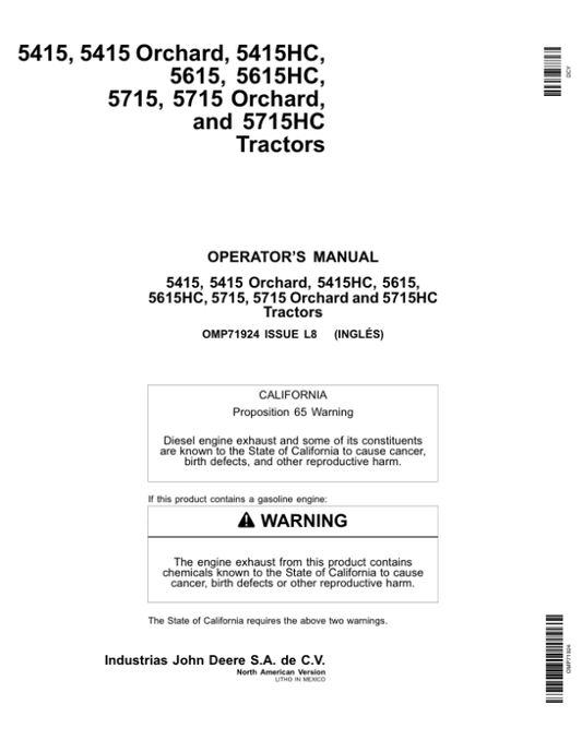 John Deere 5415, 5415H, 5414HC, 5615, 5615HC, 5715, 5715H, 5715HC Tractors Operator’s Manual (OMP71924) Workshop Guide