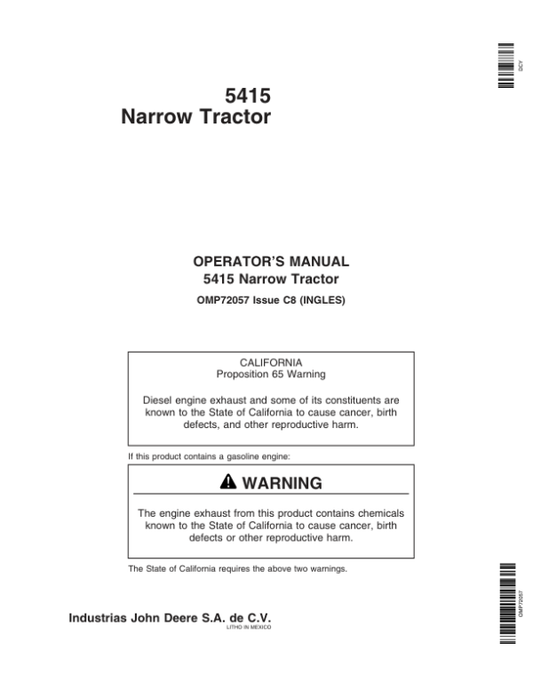 John Deere 5415 Narrow Tractor Operator’s Manual (OMP72057) Workshop Guide