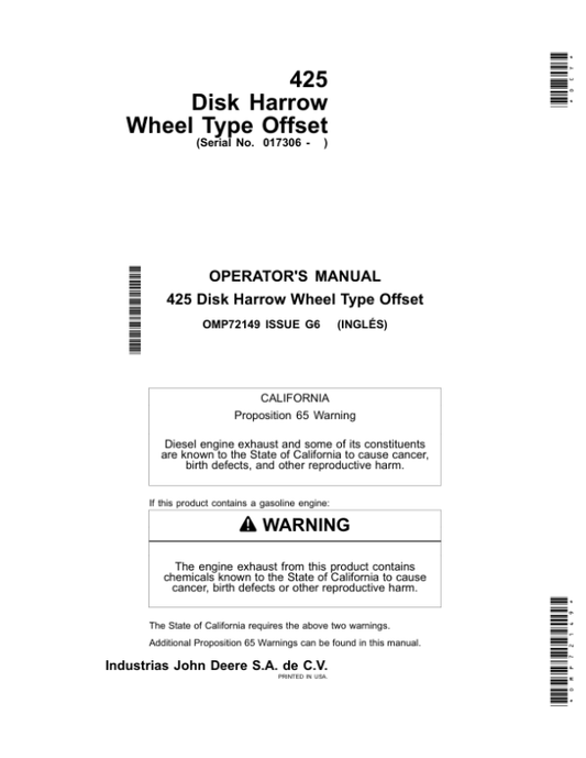 John Deere 425 Disk Harrow Wheel Type Offset (North American, Latin American Edition) Operator’s Manual (OMP72149) Workshop Guide