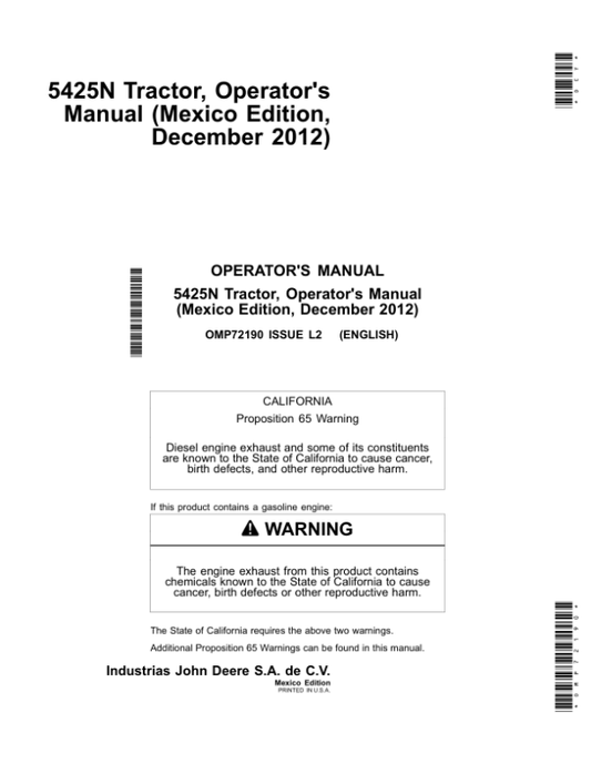 John Deere 5425N Narrow Tractors Operator’s Manual (OMP72190) Workshop Guide