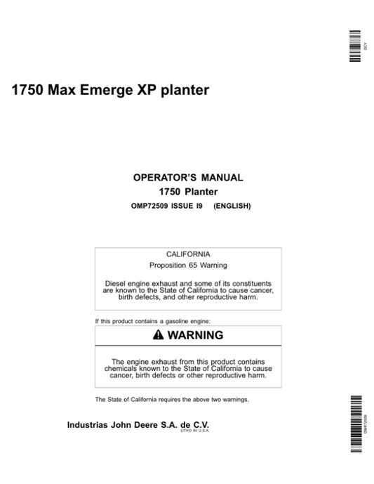 John Deere 1750 MaxEmerge XP Planter (Manufactured in Mexico) Export to South Africa Operator’s Manual (OMP72509) Workshop Guide