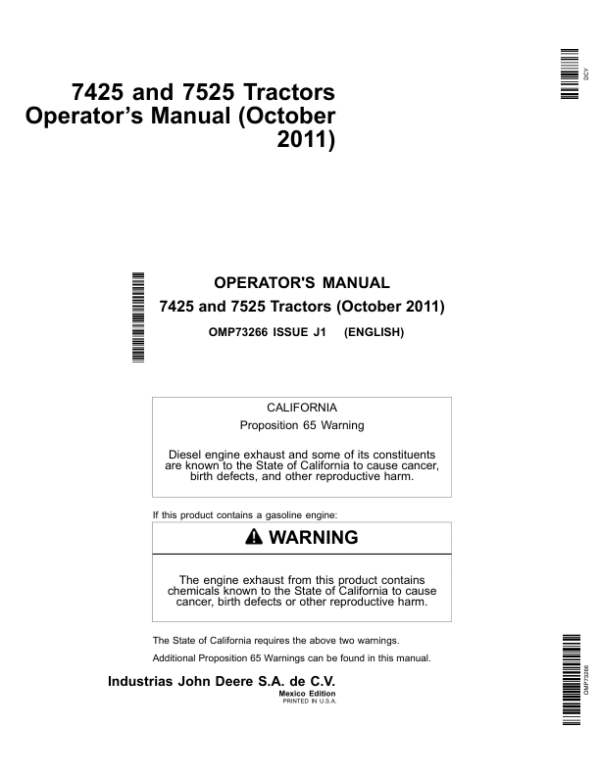 John Deere 7425 & 7525 Tractors Export Edition Operator’s Manual (OMP73266) Workshop Guide