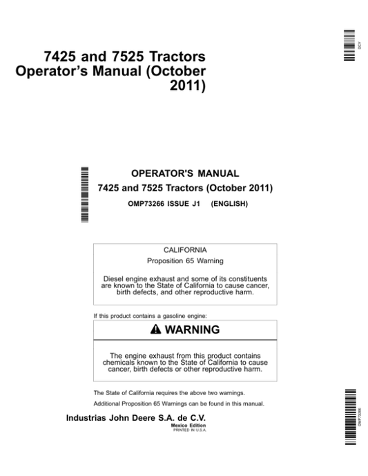 John Deere 7425 & 7525 Tractors Export Edition Operator’s Manual (OMP73266) Workshop Guide