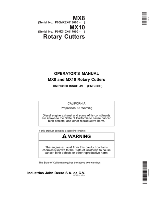 John Deere MX8 Rotary Cutters (018000-019999) MX10 Rotary Cutters (017000-018999) Operator’s Manual (OMP73900) Workshop Guide