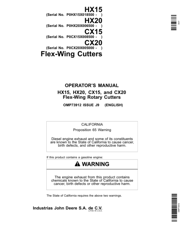 John Deere HX15, HX20, CX15 & CX20 Flex-Wing Rotary Cutters Operator’s Manual (OMP73912) Workshop Guide