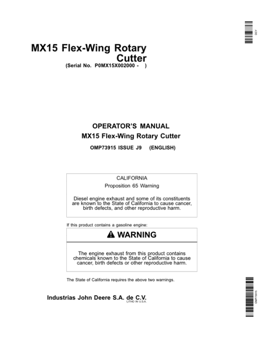 John Deere MX15 Flex-Wing Rotary Cutter Operator’s Manual (OMP73915) Workshop Guide