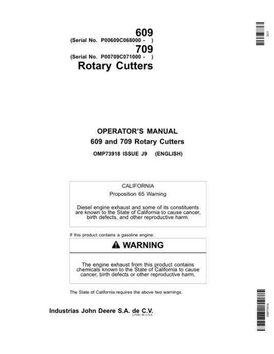 John Deere 609 & 709 Rotary Cutter Operator’s Manual (OMP73918) Workshop Guide