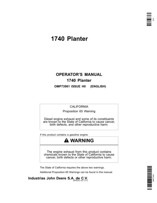 John Deere 1740 MaxEmerge XP Planter Operator’s Manual (OMP73961) Workshop Guide