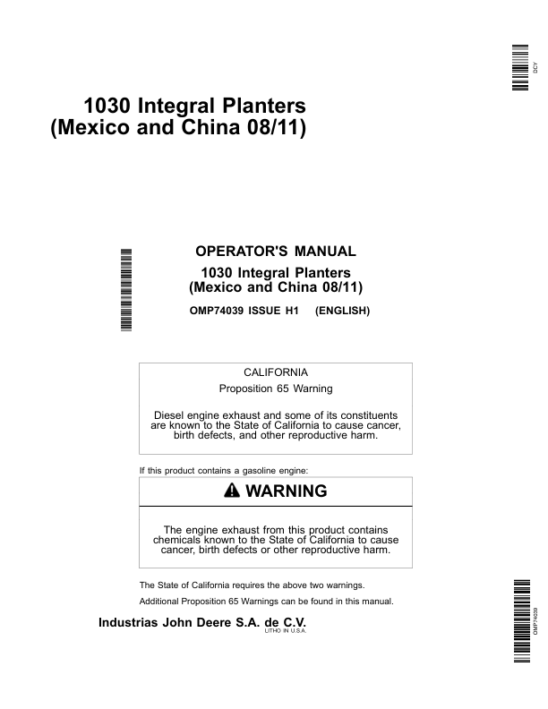 John Deere 1030 Integral Planters Operator’s Manual (OMP74039) Workshop Guide