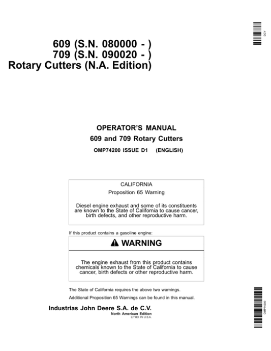 John Deere 609 & 709 Rotary Cutter Operator’s Manual (OMP74200) Workshop Guide