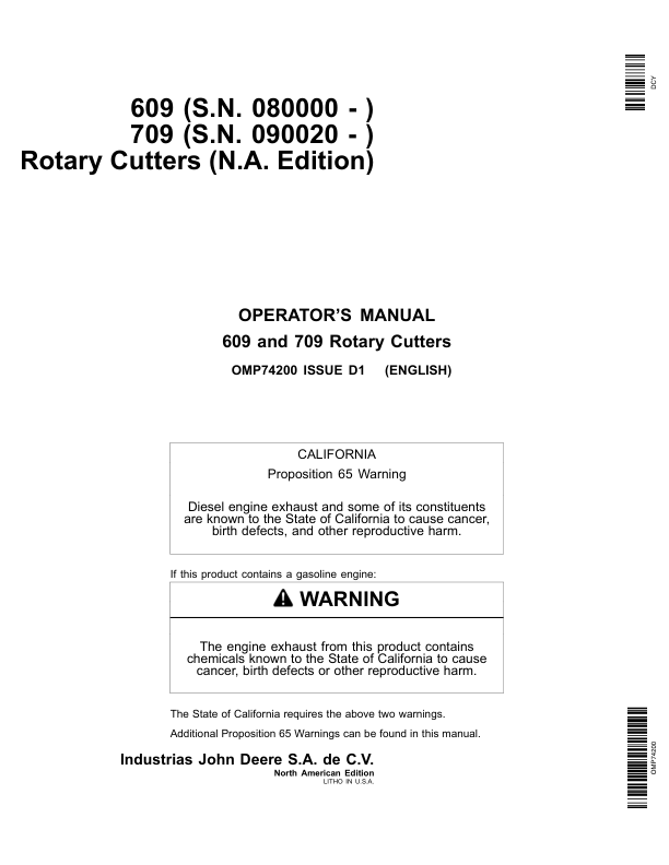 John Deere 609 & 709 Rotary Cutter Operator’s Manual (OMP74200) Workshop Guide