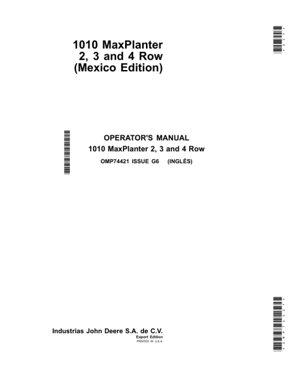 John Deere 1010 MaxPlanters – 2, 3 & 4-Row Operator’s Manual (OMP74421) Workshop Guide