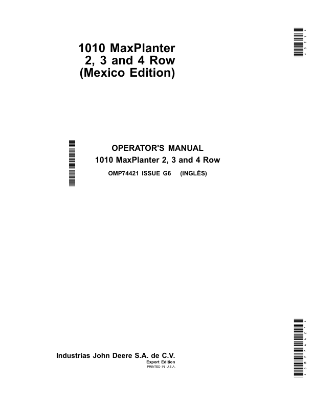 John Deere 1010 MaxPlanters – 2, 3 & 4-Row Operator’s Manual (OMP74421) Workshop Guide