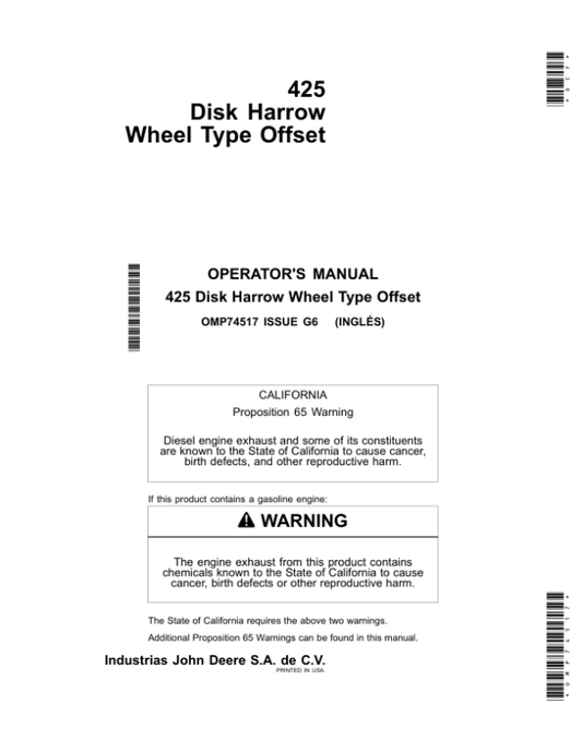 John Deere 425 Disk Harrow Wheel Type Offset (North American) Operator’s Manual (OMP74517) Workshop Guide