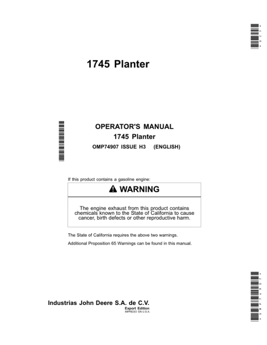John Deere 1745 MaxEmerge Planter Export Edition Operator’s Manual (OMP74907) Workshop Guide