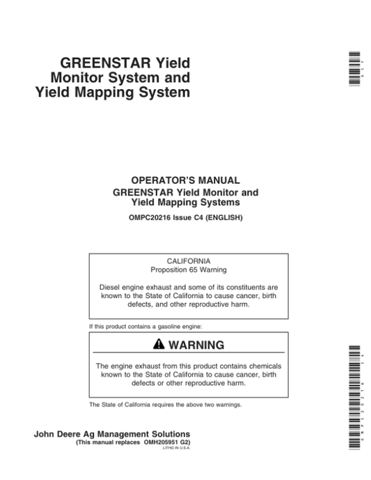 John Deere Greenstar Yield Monitor & Mapping System for 9400, 9500, 9510, 9600, 9610, CTS Series Combines Operator’s Manual (OMPC20216) Workshop Guide