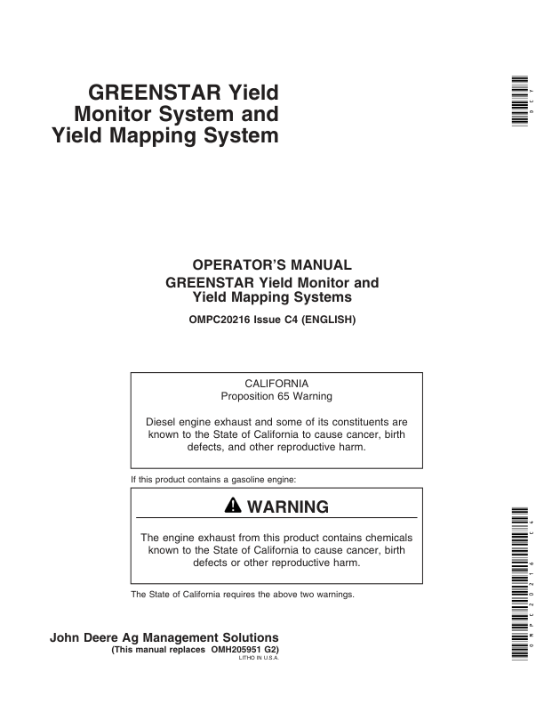 John Deere Greenstar Yield Monitor & Mapping System for 9400, 9500, 9510, 9600, 9610, CTS Series Combines Operator’s Manual (OMPC20216) Workshop Guide
