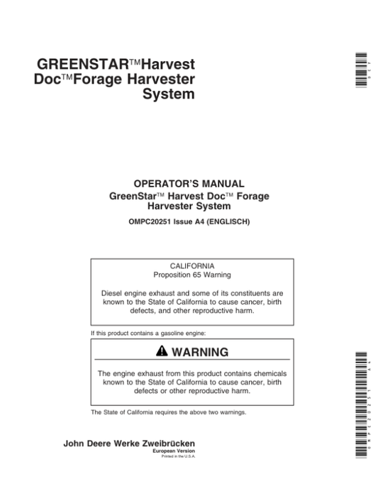 John Deere Greenstar Harvest Doc Forage Harvester System Operator’s Manual (OMPC20251) Workshop Guide