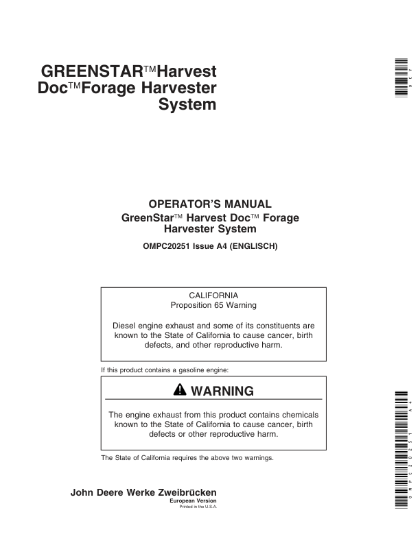 John Deere Greenstar Harvest Doc Forage Harvester System Operator’s Manual (OMPC20251) Workshop Guide