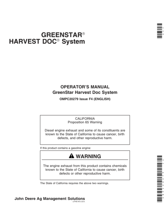 John Deere Greenstar Harvest Doc System For Pickers Operator’s Manual (OMPC20279) Workshop Guide