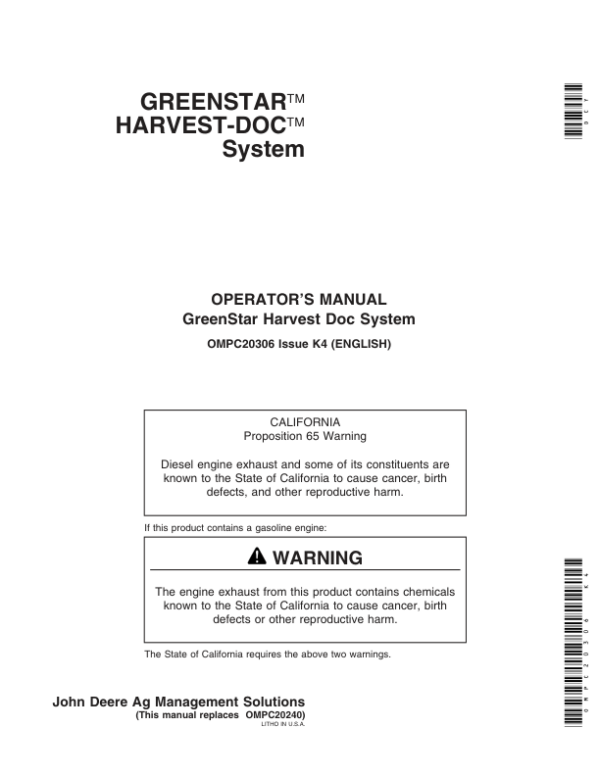 John Deere Greenstar Harvest Doc Combine System Operator’s Manual (OMPC20306) Workshop Guide