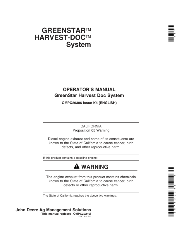John Deere Greenstar Harvest Doc Combine System Operator’s Manual (OMPC20306) Workshop Guide