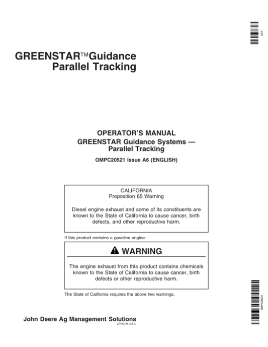 John Deere Greenstar Guidance Parallel Tracking Operator’s Manual (OMPC20521) Workshop Guide
