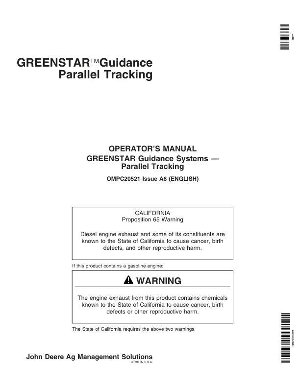 John Deere Greenstar Guidance Parallel Tracking Operator’s Manual (OMPC20521) Workshop Guide