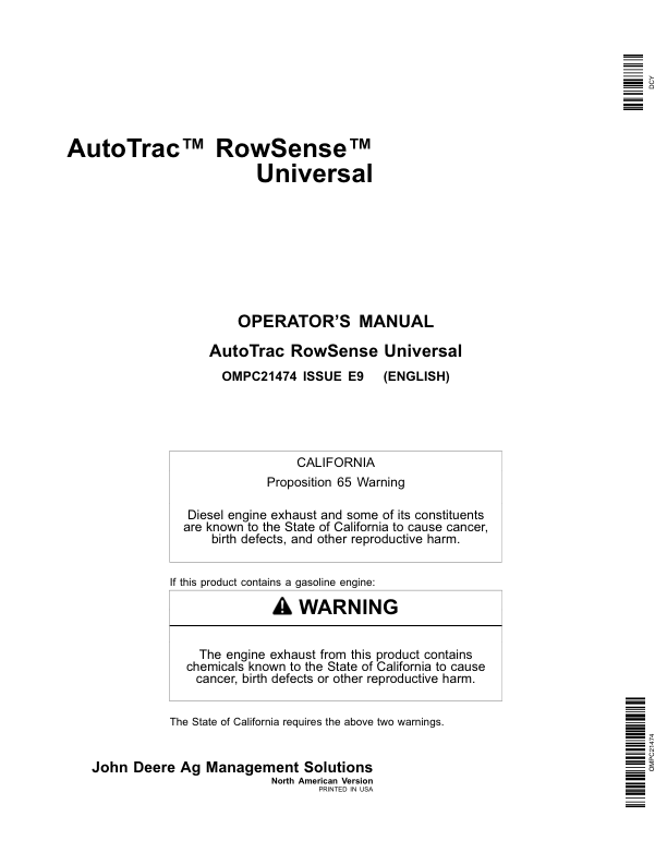John Deere AutoTrac RowSense Universal Operator’s Manual (OMPC21474) Workshop Guide