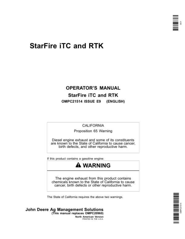 John Deere StarFire iTC, RTK Operator’s Manual (OMPC21514) Workshop Guide
